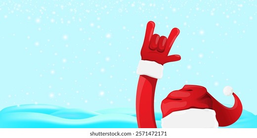 Christmas horizontal banner with Santa Claus rock n roll style and santa red hat isolated on blue snow  background with stars. Merry Christmas hipster Rock n roll party poster, flyer design template.