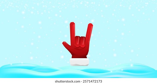 Christmas horizontal banner with Santa Claus rock n roll style and santa red hat isolated on blue snow  background with stars. Merry Christmas hipster Rock n roll party poster, flyer design template.