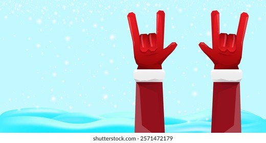 Christmas horizontal banner with Santa Claus rock n roll style and santa red hat isolated on blue snow  background with stars. Merry Christmas hipster Rock n roll party poster, flyer design template.