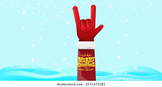 Christmas horizontal banner with Santa Claus rock n roll style and santa red hat isolated on blue snow  background with stars. Merry Christmas hipster Rock n roll party poster, flyer design template.