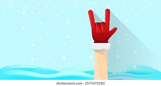 Christmas horizontal banner with Santa Claus rock n roll style and santa red hat isolated on blue snow  background with stars. Merry Christmas hipster Rock n roll party poster, flyer design template.