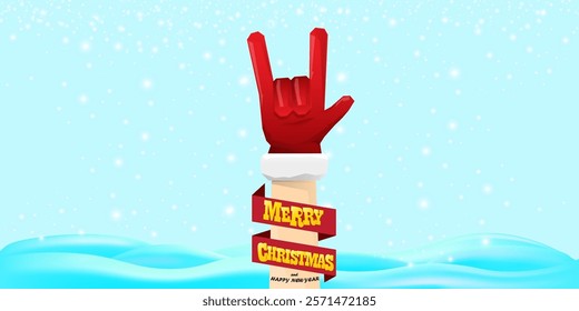 Christmas horizontal banner with Santa Claus rock n roll style and santa red hat isolated on blue snow  background with stars. Merry Christmas hipster Rock n roll party poster, flyer design template.