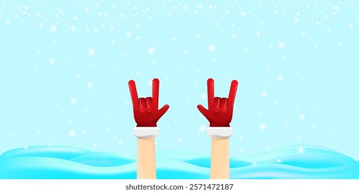 Christmas horizontal banner with Santa Claus rock n roll style and santa red hat isolated on blue snow  background with stars. Merry Christmas hipster Rock n roll party poster, flyer design template.