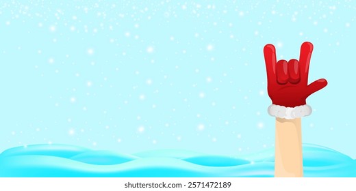 Christmas horizontal banner with Santa Claus rock n roll style and santa red hat isolated on blue snow  background with stars. Merry Christmas hipster Rock n roll party poster, flyer design template.