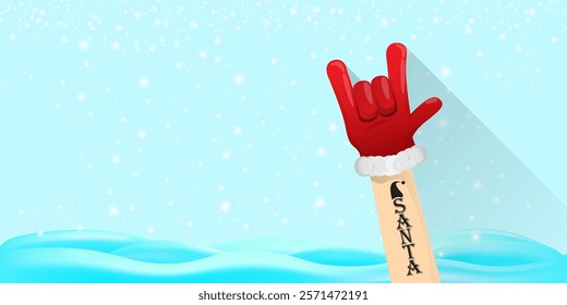 Christmas horizontal banner with Santa Claus rock n roll style and santa red hat isolated on blue snow  background with stars. Merry Christmas hipster Rock n roll party poster, flyer design template.