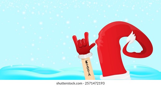 Christmas horizontal banner with Santa Claus rock n roll style and santa red hat isolated on blue snow  background with stars. Merry Christmas hipster Rock n roll party poster, flyer design template.