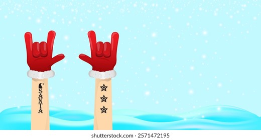 Christmas horizontal banner with Santa Claus rock n roll style and santa red hat isolated on blue snow  background with stars. Merry Christmas hipster Rock n roll party poster, flyer design template.