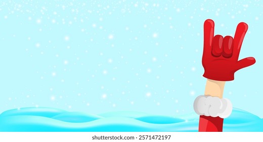 Christmas horizontal banner with Santa Claus rock n roll style and santa red hat isolated on blue snow  background with stars. Merry Christmas hipster Rock n roll party poster, flyer design template.