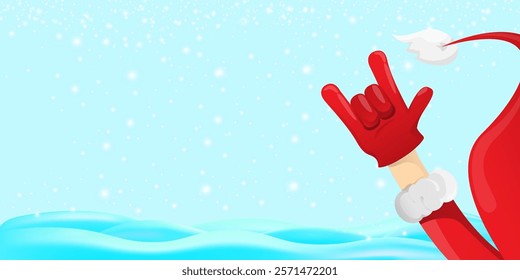 Christmas horizontal banner with Santa Claus rock n roll style and santa red hat isolated on blue snow  background with stars. Merry Christmas hipster Rock n roll party poster, flyer design template.