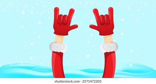 Christmas horizontal banner with Santa Claus rock n roll style and santa red hat isolated on blue snow  background with stars. Merry Christmas hipster Rock n roll party poster, flyer design template.