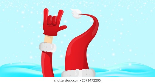 Christmas horizontal banner with Santa Claus rock n roll style and santa red hat isolated on blue snow  background with stars. Merry Christmas hipster Rock n roll party poster, flyer design template.