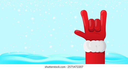 Christmas horizontal banner with Santa Claus rock n roll style and santa red hat isolated on blue snow  background with stars. Merry Christmas hipster Rock n roll party poster, flyer design template.