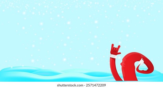 Christmas horizontal banner with Santa Claus rock n roll style and santa red hat isolated on blue snow  background with stars. Merry Christmas hipster Rock n roll party poster, flyer design template.