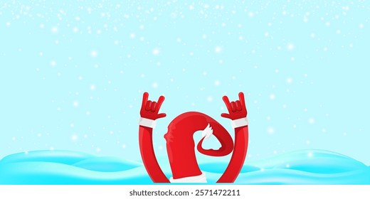 Christmas horizontal banner with Santa Claus rock n roll style and santa red hat isolated on blue snow  background with stars. Merry Christmas hipster Rock n roll party poster, flyer design template.