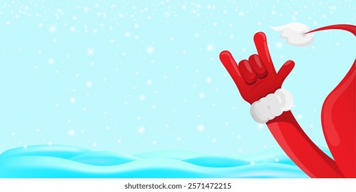 Christmas horizontal banner with Santa Claus rock n roll style and santa red hat isolated on blue snow  background with stars. Merry Christmas hipster Rock n roll party poster, flyer design template.