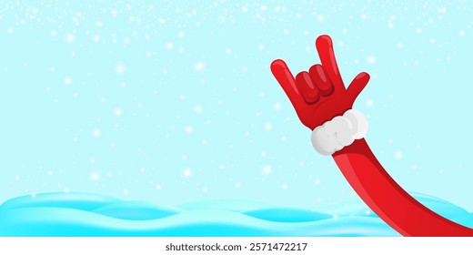 Christmas horizontal banner with Santa Claus rock n roll style and santa red hat isolated on blue snow  background with stars. Merry Christmas hipster Rock n roll party poster, flyer design template.