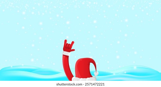 Christmas horizontal banner with Santa Claus rock n roll style and santa red hat isolated on blue snow  background with stars. Merry Christmas hipster Rock n roll party poster, flyer design template.