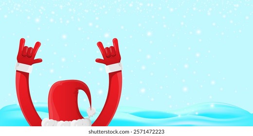 Christmas horizontal banner with Santa Claus rock n roll style and santa red hat isolated on blue snow  background with stars. Merry Christmas hipster Rock n roll party poster, flyer design template.