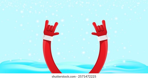 Christmas horizontal banner with Santa Claus rock n roll style and santa red hat isolated on blue snow  background with stars. Merry Christmas hipster Rock n roll party poster, flyer design template.