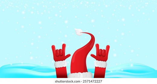 Christmas horizontal banner with Santa Claus rock n roll style and santa red hat isolated on blue snow  background with stars. Merry Christmas hipster Rock n roll party poster, flyer design template.