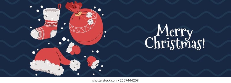 Christmas horizontal banner with Santa's hat, a stocking, mittens, and a gift sack in a flat cartoon style. Vector illustration for poster, banner, invitation, etc