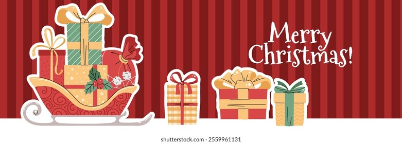 Christmas horizontal banner with Santa's sleigh, gifts and a in a flat cartoon style. Vector illustration for poster, banner, invitation, etc.