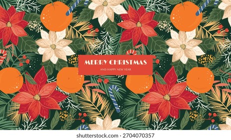 Padrão Sem Costura De Banner Horizontal De Natal Com Ponsétia, Tangerinas E Ramos De Coníferas. Design plano abstrato de adereços de Ano Novo para projetar páginas da web, posts, cartões postais e impressões de papel