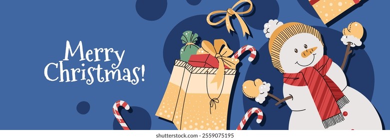 Christmas horizontal banner with a snowman and gifts on a blue background in a flat cartoon style. Vector illustration for poster, banner, invitation, etc.