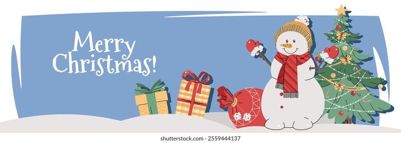 Christmas horizontal banner with a snowman, gifts, and a Christmas tree on a blue background in a flat cartoon style. Vector illustration for poster, banner, invitation, etc