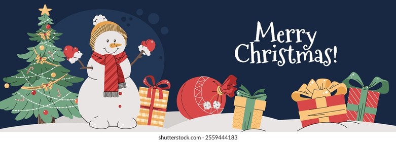 Christmas horizontal banner with a snowman, gifts, and a Christmas tree on a blue background in a flat cartoon style. Vector illustration for poster, banner, invitation, etc