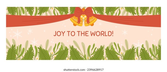 Christmas horizontal banner template with copy space. Horizontal flyer decorated with spruce plants branches, bell with red bow and ribbon, snow and snowflakes
