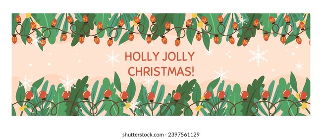 Plantilla de banner horizontal de Navidad con espacio de copia. Volante horizontal decorado con ramas de plantas de abeto, garland con luces, nieve y copos de nieve