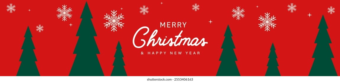 Christmas horizontal banner. Christmas tree and snowflake on red background. Minimalist design. Suit for cover, header, greeting card, invitation, poster, advertising, website, holiday banner