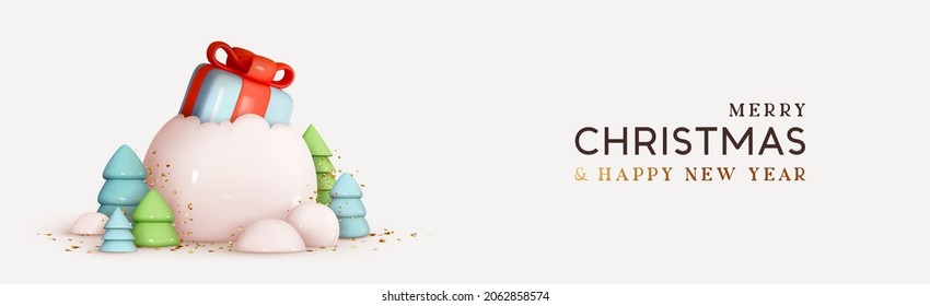 Christmas Horizontal banner, web poster, headers for website. Realistic 3d design, gift box inside snow globe. Golden confetti, New year trees. Holiday background. Vector illustration