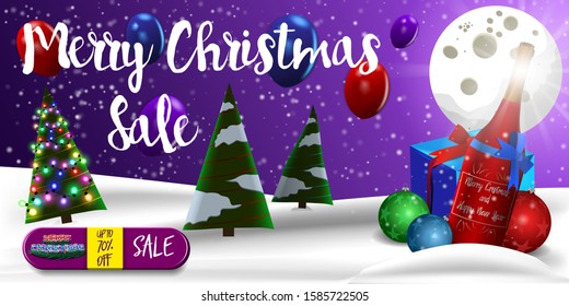 Christmas horizontal banner for your design, Christmas sale with Christmas tree, garland, moon, gifts on winter background, vector illustration