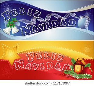 Christmas horizontal banners with  Merry Christmas in Spanish.