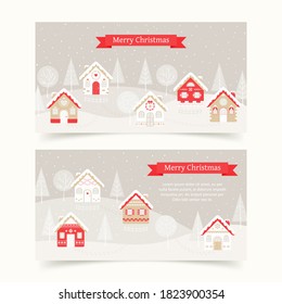 Christmas horizontal banners with winter village. Winter rural landscape with elegant houses and trees under the snowfall. Christmas and New Year holiday design. Vector illustration.