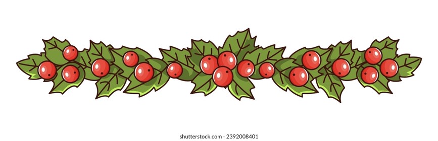 Christmas horizontal border with holly on a white background.