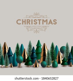 Christmas Horizontal Border Made Of Green And Gold Wooden And Glass Christmas Trees.