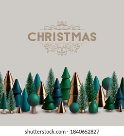 Christmas horizontal border made of green and gold wooden and glass Christmas trees.