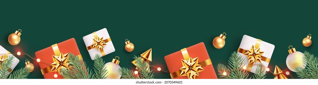 Christmas horizontal border made of realistic 3d fir branches, gift boxes, golden conical Christmas trees, balls and lights isolated on deep green background. Xmas banner, poster, card, website header