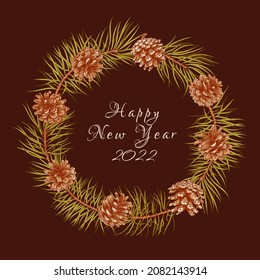 Christmas horizontal frame with pine branches, cones. Botanical dark background with coniferous. Vector illustration. Engraving style. Traditional colors.