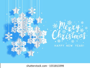 Christmas horizontal greeting card with paper snowflakes and stars on blue background for Your holiday design