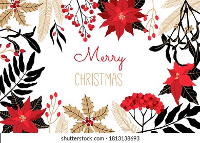 Weihnachten horizontale Grußkarte mit skandinavischen rot-, gold- und schwarzen Pflanzen, heiliges Symbol. Poinsettia, Robbenbeeren und Lorbeerblätter auf einfarbigem, modernem Poster auf isoliertem weißem Hintergrund.