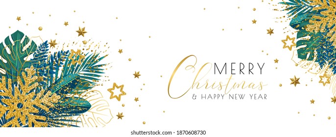 Christmas horizontal light banner with tropical green leaves, shiny snowflakes and christmas decorations. Tropical Xmas layout with copy space. Vector illustration.