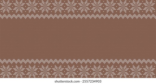 Christmas horizontal Mocha Mousse background featuring a classic winter sweater design. Includes a Nordic knitted pattern with snowflakes. Vector illustration.