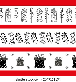 Christmas horizontal pattern. Happy New Year. Vector pattern for christmas and new year wrapping. Doodle illustration new year tree, sweet, greeting box. Set of patterns. Collection of ribbons