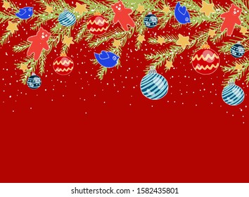 Christmas horizontal red background with Christmas tree branches and Christmas decorations, toys, white snow and place for text, stock vector illustration, for design and decoration, greeting card