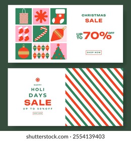Christmas horizontal sale banner, cover, poster, greeting card set in modern simple geometric style in green, red, pink colors for season greetings, ads, sales, print