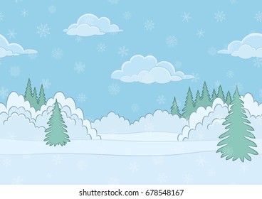 Christmas Horizontal Seamless Background Landscape, Winter White Forest with Snow and Blue Sky with Clouds. Eps10, Contains Transparencies. Vector